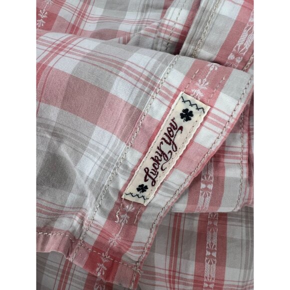Lucky Brand XL Pearl Snap Long Sleeve Plaid Shirt Red Beige Tan Cowboy Rodeo - Picture 5 of 14